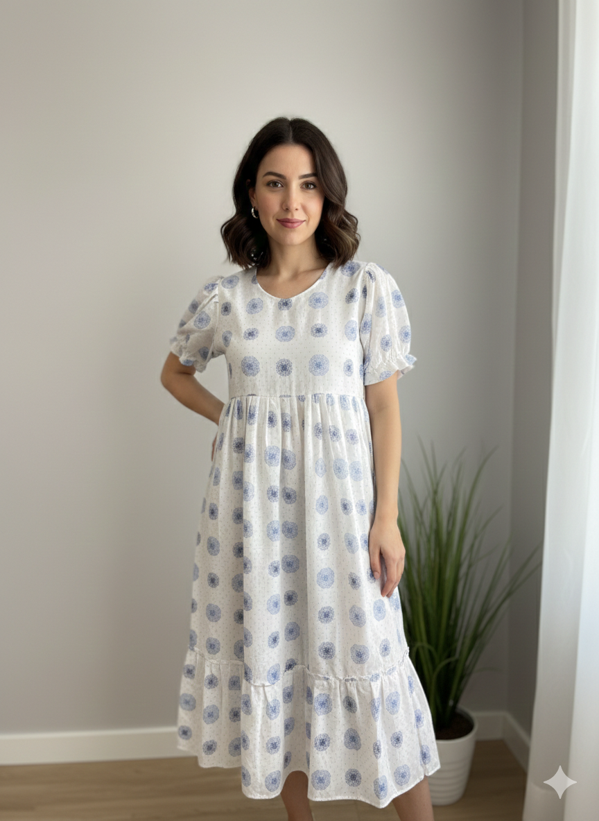 Blue Mist Polka Cotton Midi Dress