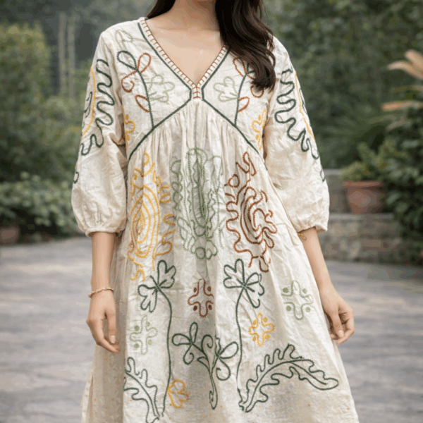 Ivory Folk Bloom Mul Cotton Tunic Dress