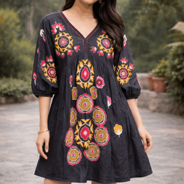 Midnight Bloom Embroidered Mul Cotton Tunic Dress