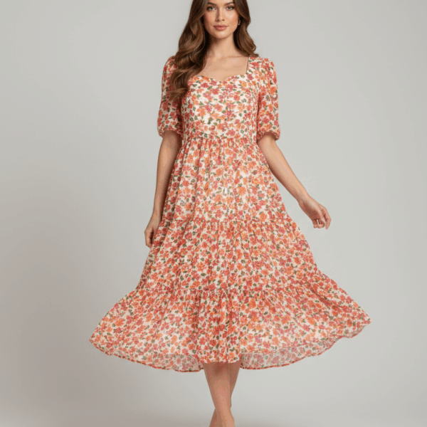 Rose Ditsy Georgette Sweetheart Tiered Midi Frock