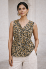 AAVI Sandstone Vine Cotton Peplum Top