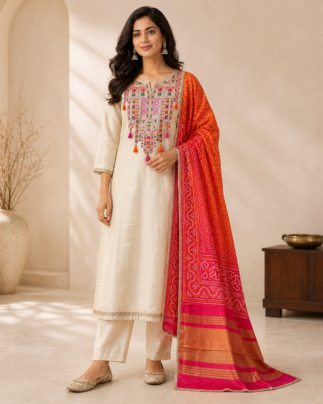 1992BB35-FF8B-4606-AA66-DDC6B88AEEE2 Ivory Rangrez Tissue Silk Set - Image 1