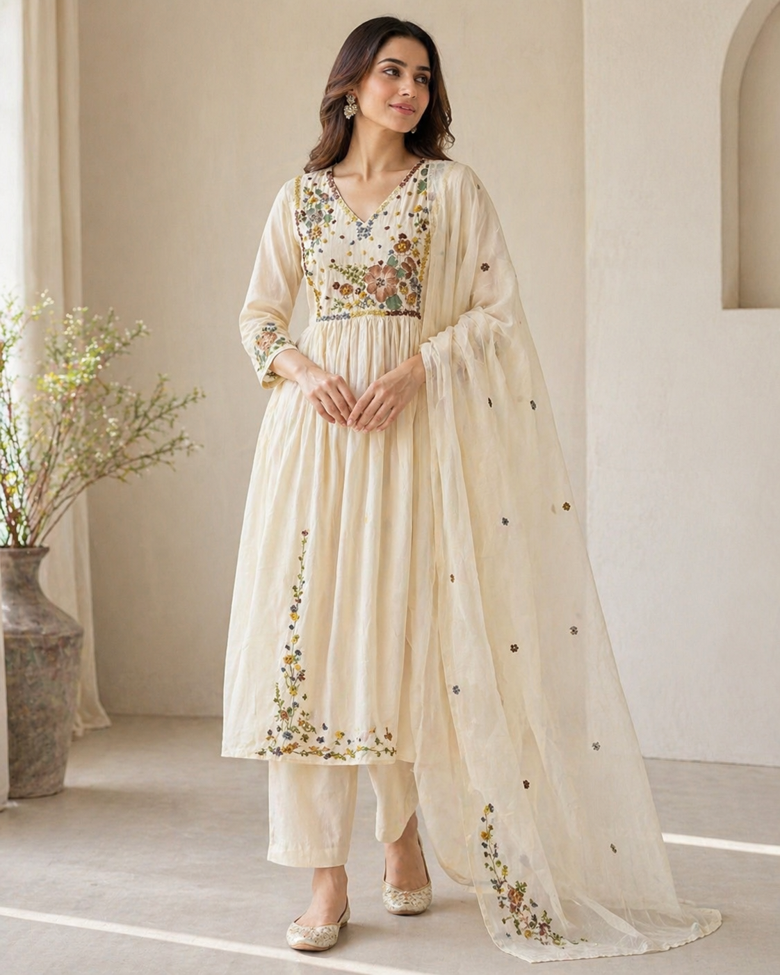 40D74265-2A56-42F7-BF16-E1944C416130 Ivory Meadow Mul Chanderi Set - Image 1