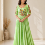 Parrot Green Raw Silk Kalamkari Gown