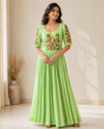 Parrot Green Raw Silk Kalamkari Gown