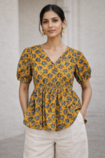 AAVI Mustard Meadow Cotton Peplum Top