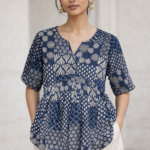 AAVI Indigo Mosaic Cotton Peplum Top
