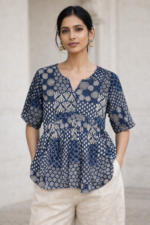 AAVI Indigo Mosaic Cotton Peplum Top