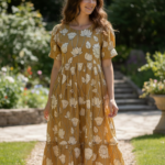 Mustard Lotus Kalamkari Cotton Midi Frock
