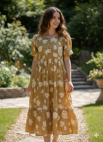 Mustard Lotus Kalamkari Cotton Midi Frock