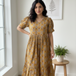 Mustard Leaf Print Cotton Midi Frock
