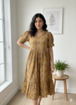 Mustard Leaf Print Cotton Midi Frock