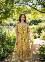 Golden Bloom Floral Midi Dress