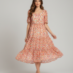 Peach Blossom Floral Midi Dress