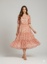 Peach Blossom Floral Midi Dress