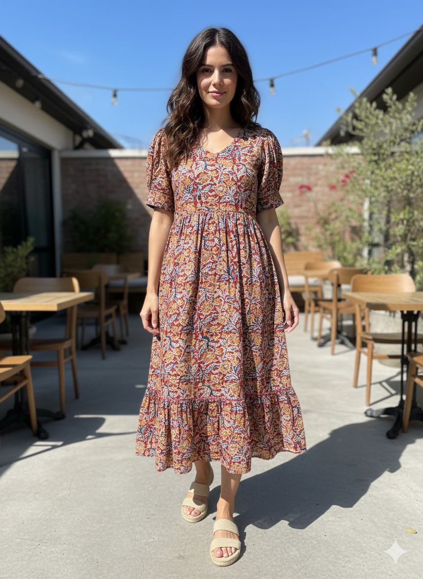 IMG_0948 Rust Bloom Kalamkari Cotton Midi Frock - Image 1
