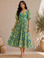 Azure Bloom Chiffon Midi Frock