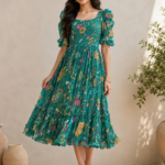 Emerald Bloom Linen Midi Frock