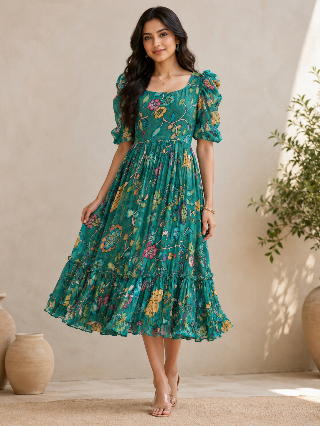 11B96D63-9CA5-405D-AA3B-446D47D5D51E Emerald Bloom Linen Midi Frock - Image 1