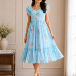 Sky Blossom Mul Chanderi Midi Dress