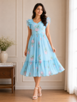 Sky Blossom Mul Chanderi Midi Dress