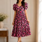 Midnight Blossom Georgette Midi Dress