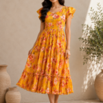 Golden Bloom Georgette Midi Frock