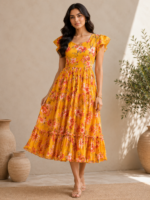 Golden Bloom Georgette Midi Frock