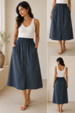 Midnight Charm Button-Down Midi Skirt