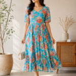 Azure Blossom Chiffon Midi Dress