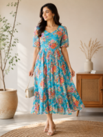 Azure Blossom Chiffon Midi Dress