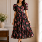 Midnight Rose Georgette Midi Dress