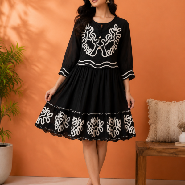 Midnight Charm Embroidered Cotton Dress