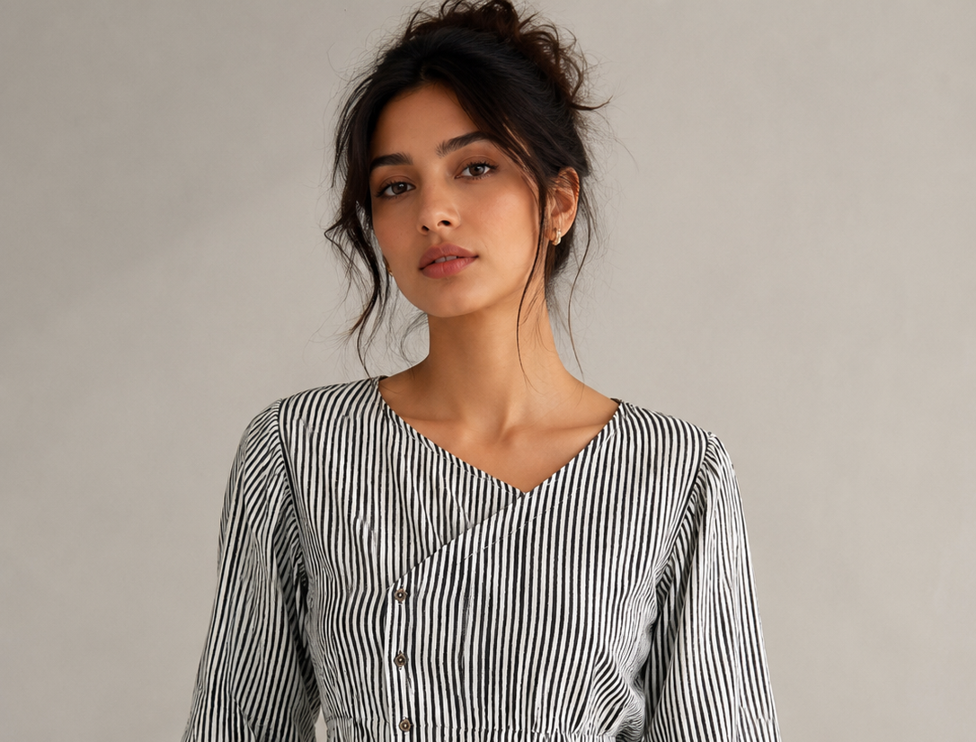 B4B76360-D0E3-4362-B909-741C7469642B AAVI Originals Monochrome Stripe Wrap Top - Image 1