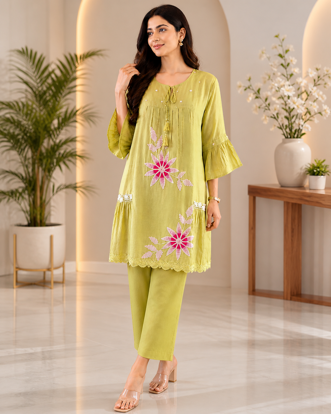 C742C004-1484-4E3A-8C46-54BE202B6341 Lime Blossom Mul Chanderi Co-ord Set - Image 1
