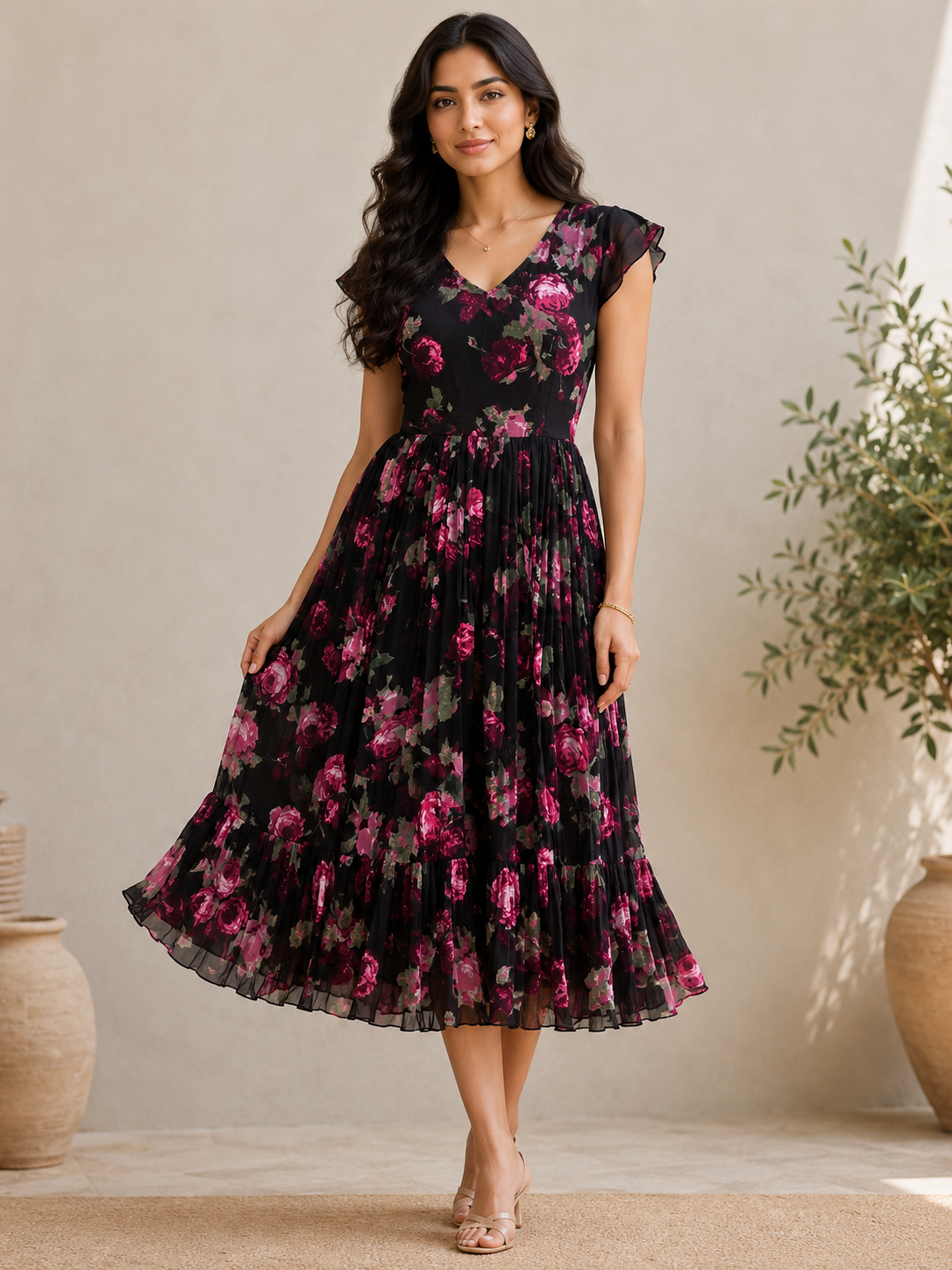 CED80BFE-27A5-4BD3-ACF8-007613B0D56C Midnight Rose Georgette Midi Frock - Image 1