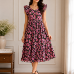 Midnight Garden Floral Georgette Midi Dress