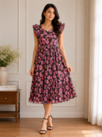 Midnight Garden Floral Georgette Midi Dress