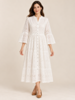 White Bloom – Cotton Hakoba Button-Down Midi Dress