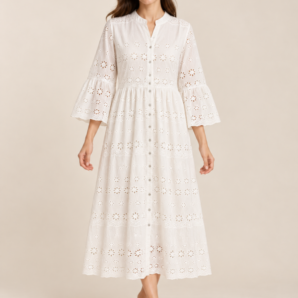 White Bloom – Cotton Hakoba Button-Down Midi Dress